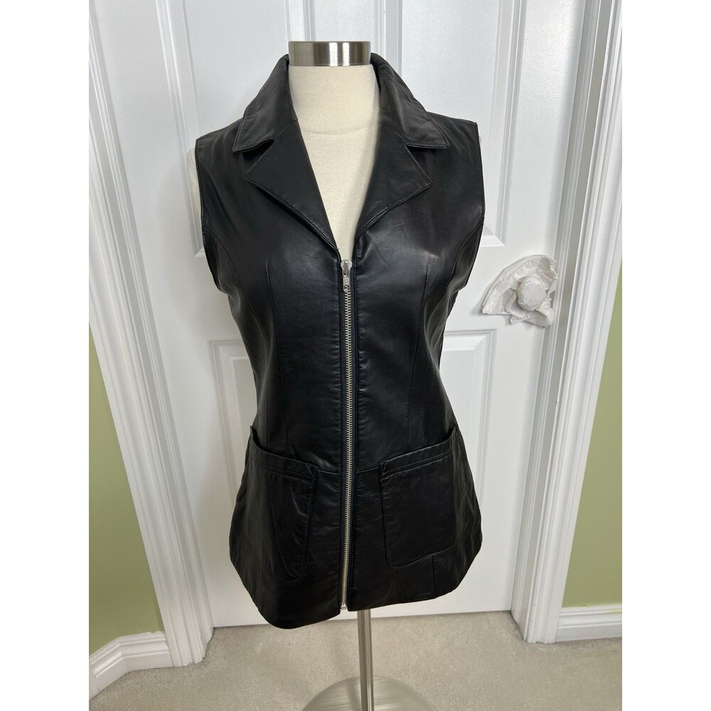 Ladies Leather Motorcycle Sleeveless Jacket Black Vest L Structured Zipper Read